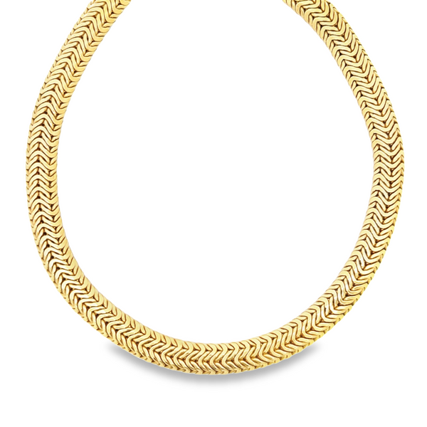 18ct yellow gold Byzantine woven necklet featuring an intricate woven design, 45cm long, 11.60mm wide, and weighing 81.1 grams.