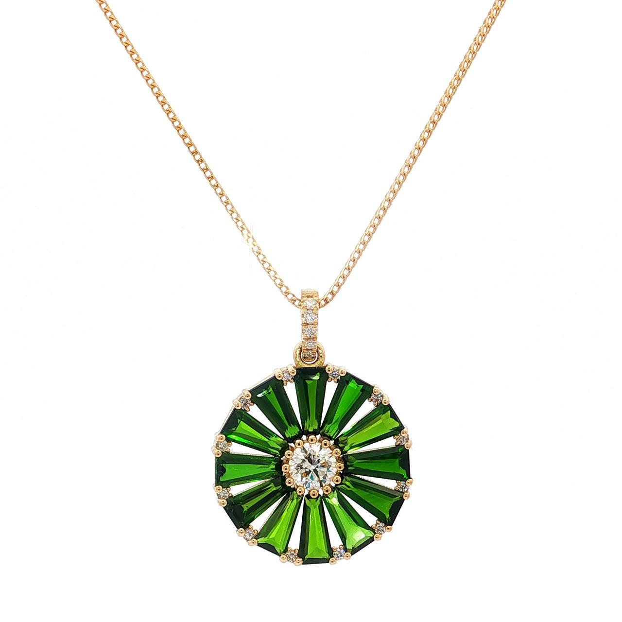 18ct yellow gold chrome diopside and diamond wheel pendant with central diamond
