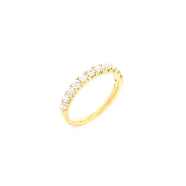 18ct yellow gold diamond ring featuring twelve round brilliant cut diamonds in a straight row claw setting across the top.