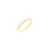 18ct yellow gold diamond ring featuring a straight row of claw-set round brilliant cut diamonds across the top.