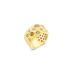 18ct yellow gold ring featuring sixteen natural coloured diamonds totalling 1.357ct in assorted bead, star, and triangle scatter settings across the top.