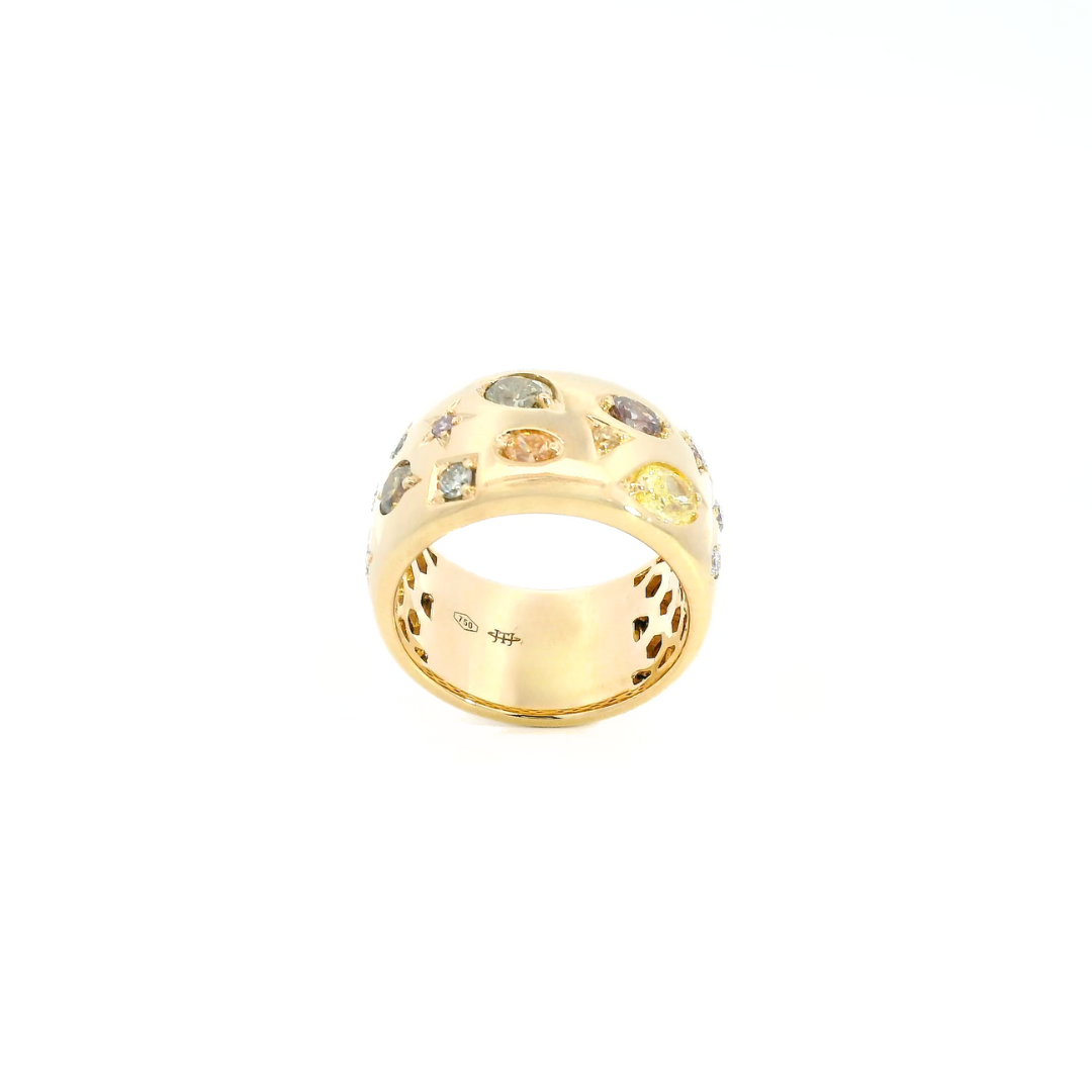 18ct yellow gold ring featuring sixteen natural coloured diamonds totalling 1.357ct in assorted bead, star, and triangle scatter settings across the top.