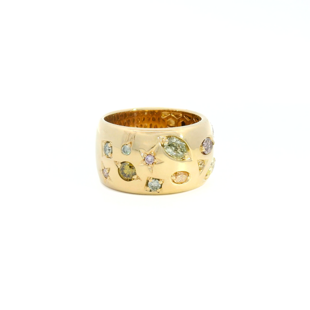 18ct yellow gold ring featuring sixteen natural coloured diamonds totalling 1.357ct in assorted bead, star, and triangle scatter settings across the top.