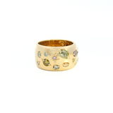 18ct yellow gold ring featuring sixteen natural coloured diamonds totalling 1.357ct in assorted bead, star, and triangle scatter settings across the top.