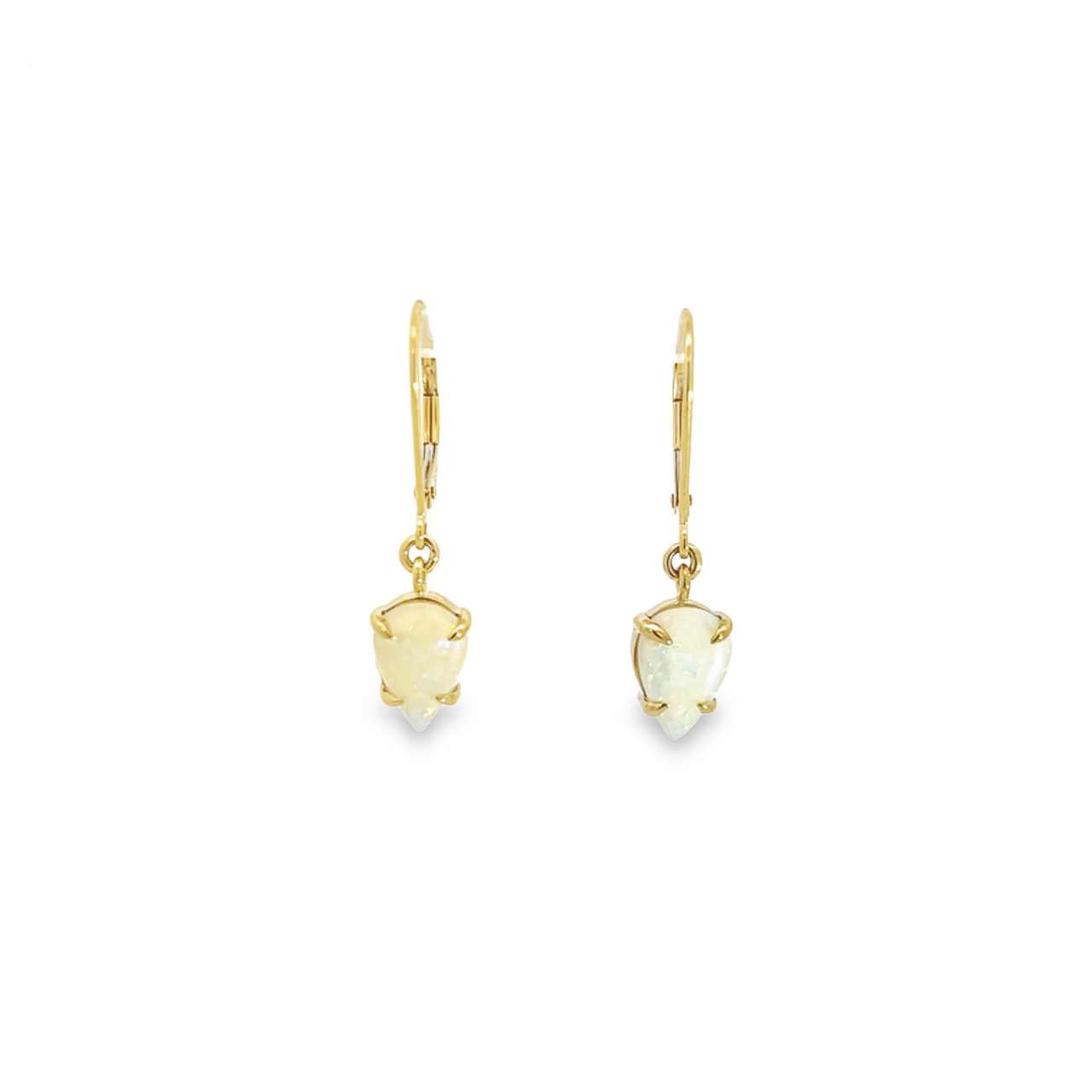9ct yellow gold drop earrings featuring pear cabochon Coober Pedy opals in four-claw open-back settings with articulated continental clip fittings.