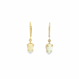 9ct yellow gold drop earrings featuring pear cabochon Coober Pedy opals in four-claw open-back settings with articulated continental clip fittings.