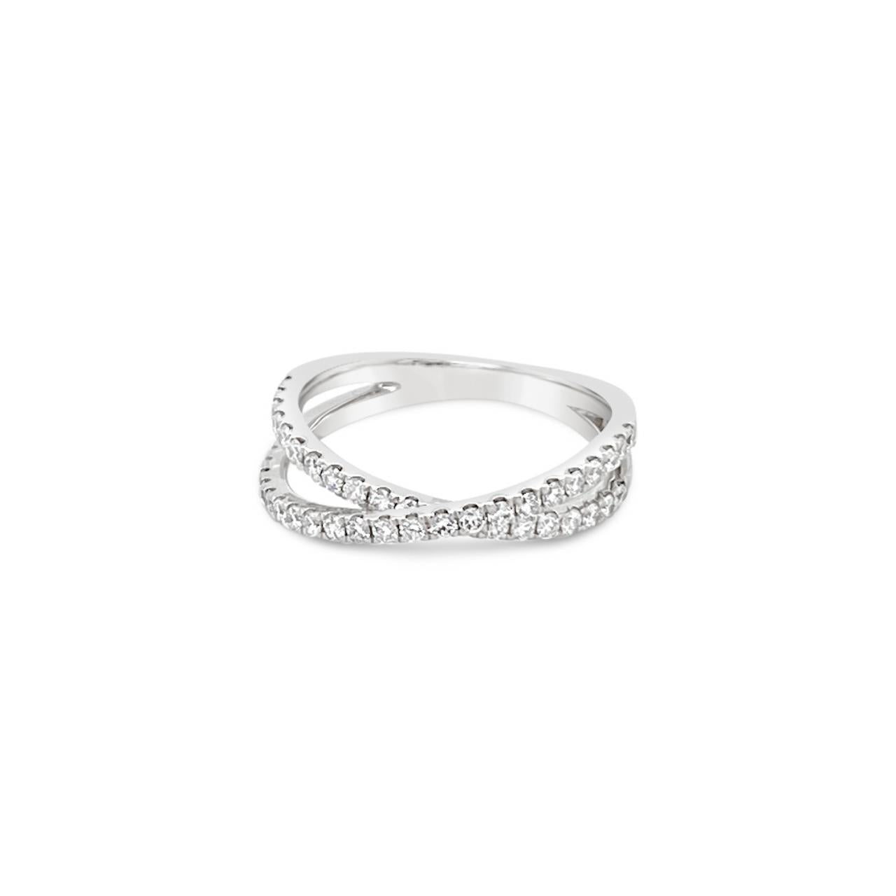 18ct white gold crossover ring featuring 43 round brilliant cut diamonds totalling 0.52ct in two intersecting claw-set rows across the top.