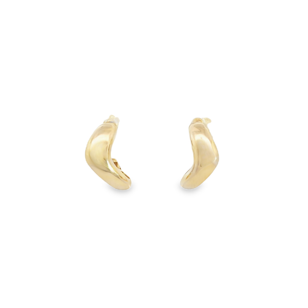 9ct yellow gold curved wave wrap stud earrings featuring an 8 x 3.9mm polished cuff design with post and butterfly fittings.