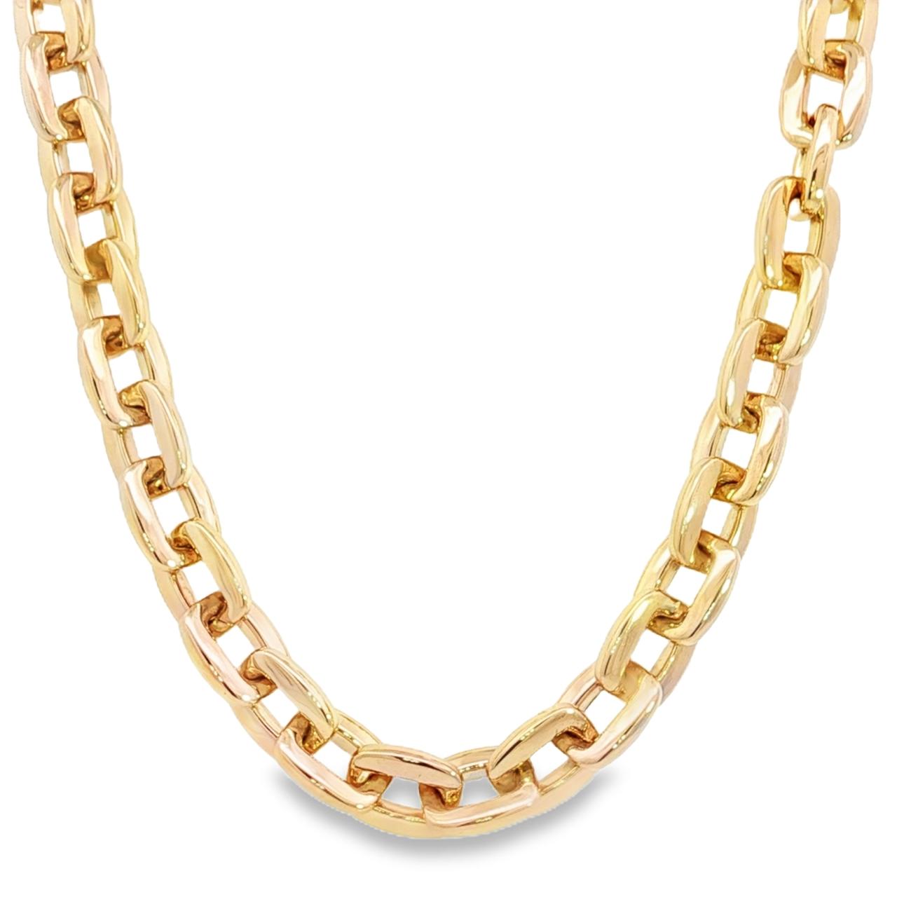 9ct yellow gold necklet featuring 12x9.4mm cushion-shaped links with a rectangular clasp, 45cm in length, polished finish.
