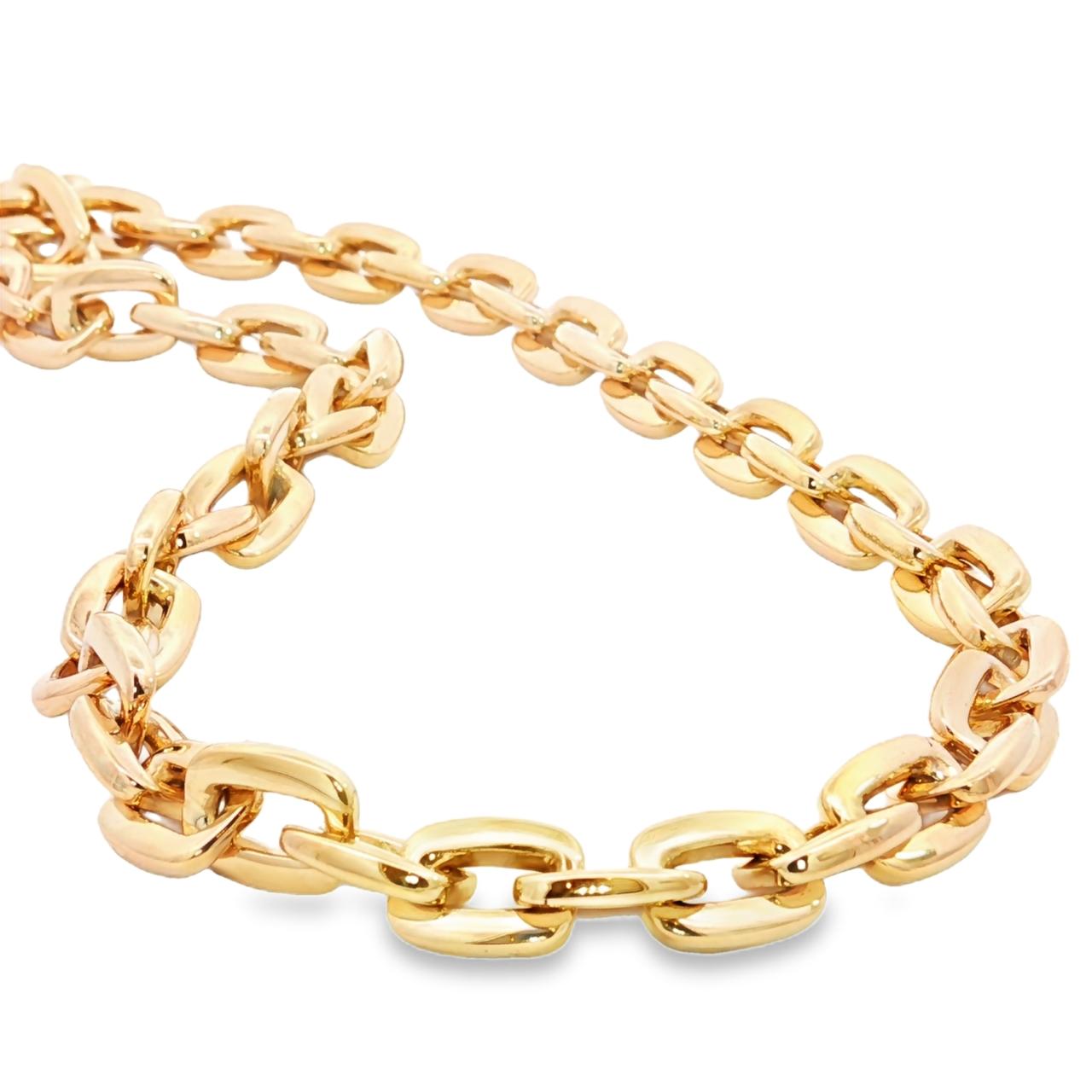 9ct yellow gold necklet featuring 12x9.4mm cushion-shaped links with a rectangular clasp, 45cm in length, polished finish.