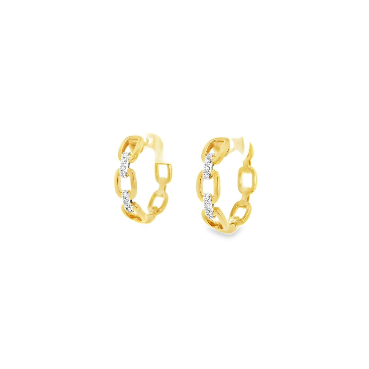 18ct yellow gold chain-link hoop earrings with claw-set diamonds down the front, featuring 16 round brilliant cut GH/SI diamonds.
