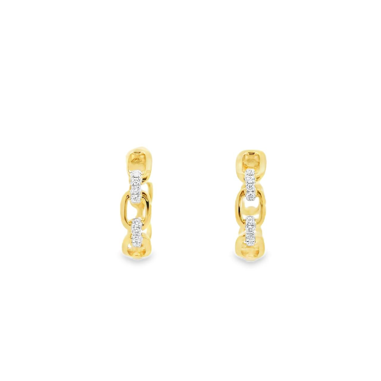 18ct yellow gold chain-link hoop earrings with claw-set diamonds down the front, featuring 16 round brilliant cut GH/SI diamonds.