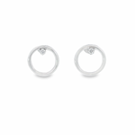 18ct white gold circle stud earrings with three-claw diamond setting at the top, featuring two round brilliant cut diamonds totalling 0.10 ct (G–H colour, SI clarity).