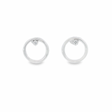 18ct white gold circle stud earrings with three-claw diamond setting at the top, featuring two round brilliant cut diamonds totalling 0.10 ct (G–H colour, SI clarity).