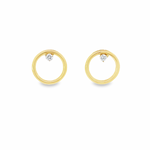 18ct yellow gold circle stud earrings with three-claw diamond setting at the top, featuring two round brilliant cut diamonds totalling 0.10ct, G–H colour, SI clarity.