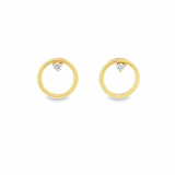 18ct yellow gold circle stud earrings with three-claw diamond setting at the top, featuring two round brilliant cut diamonds totalling 0.10ct, G–H colour, SI clarity.
