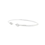 18ct white gold diamond bangle with oval profile and open gap at the top, featuring two rhombus-shaped cluster sections set with 6 round brilliant cut diamonds and millgrain edging.