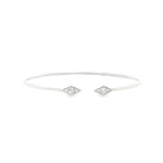 18ct white gold diamond bangle with oval profile and open gap at the top, featuring two rhombus-shaped cluster sections set with 6 round brilliant cut diamonds and millgrain edging.