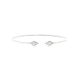 18ct white gold diamond bangle with oval profile and open gap at the top, featuring two rhombus-shaped cluster sections set with 6 round brilliant cut diamonds and millgrain edging.