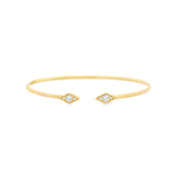18ct yellow gold diamond bangle with oval profile and open gap at the top, featuring two rhombus-shaped cluster sections set with 6 round brilliant cut diamonds and finished with delicate millgrain detailing.