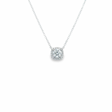 Platinum diamond cluster necklet featuring a 0.50ct GIA-certified F/SI1 round brilliant cut diamond with cushion-shaped halo surround on a fine trace link chain.