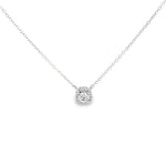 Platinum diamond cluster necklet featuring a four-claw centre diamond with cushion-shaped halo surround on a fine trace link chain.