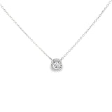 Platinum diamond cluster necklet featuring a four-claw centre diamond with cushion-shaped halo surround on a fine trace link chain.
