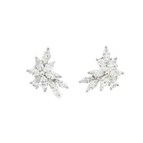 18ct white gold diamond cluster earrings featuring marquise and pear cut diamonds in a tiered multi-claw spray design with post and butterfly fittings.