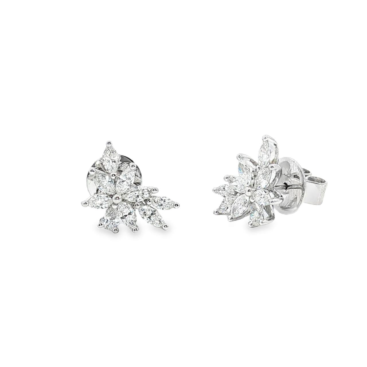 18ct white gold diamond cluster earrings featuring marquise and pear cut diamonds in a tiered multi-claw spray design with post and butterfly fittings.