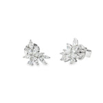 18ct white gold diamond cluster earrings featuring marquise and pear cut diamonds in a tiered multi-claw spray design with post and butterfly fittings.