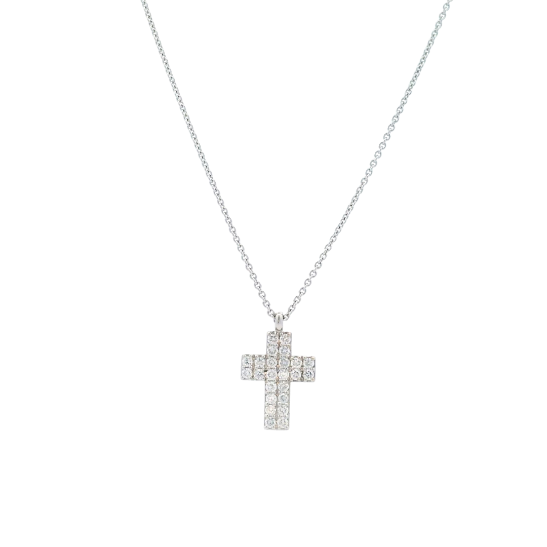 18ct white gold pavé diamond cross pendant featuring 0.34ct of round brilliant cut H/SI diamonds with a polished finish.