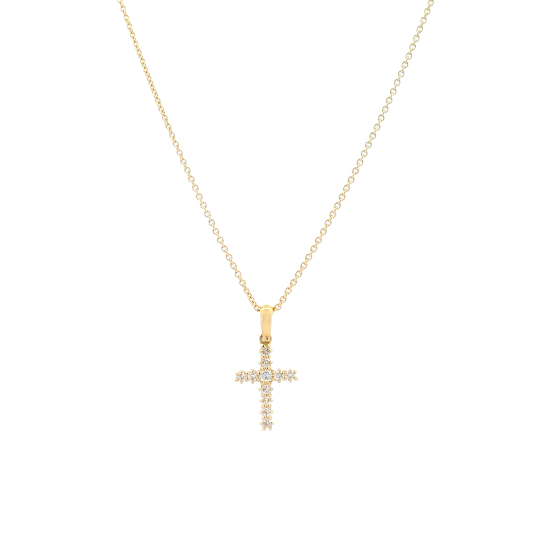 18ct yellow gold diamond cross pendant with 11 round brilliant cut G/VS diamonds, 13 x 9mm, refined fine jewellery design.