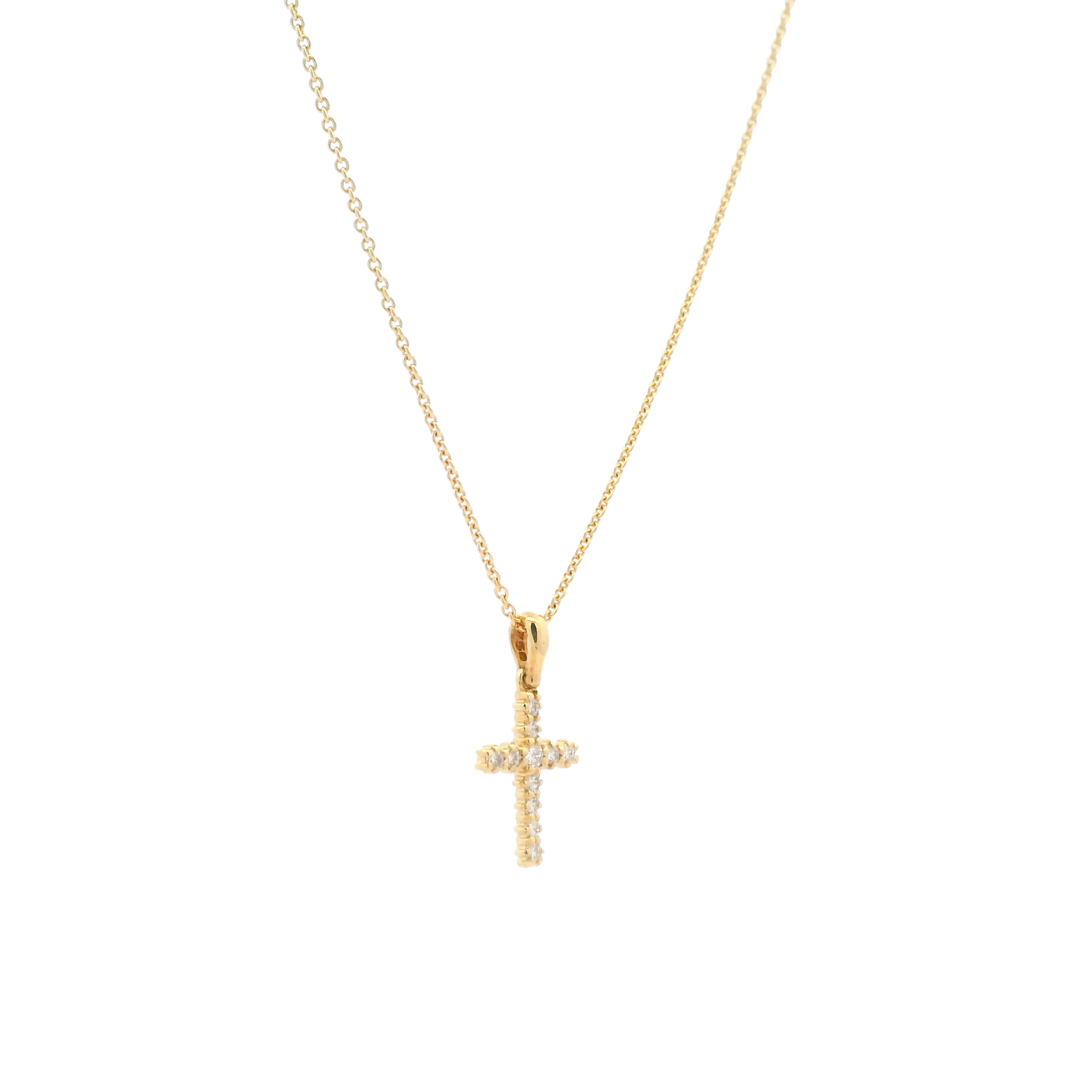 18ct yellow gold diamond cross pendant with 11 round brilliant cut G/VS diamonds, 13 x 9mm, refined fine jewellery design.