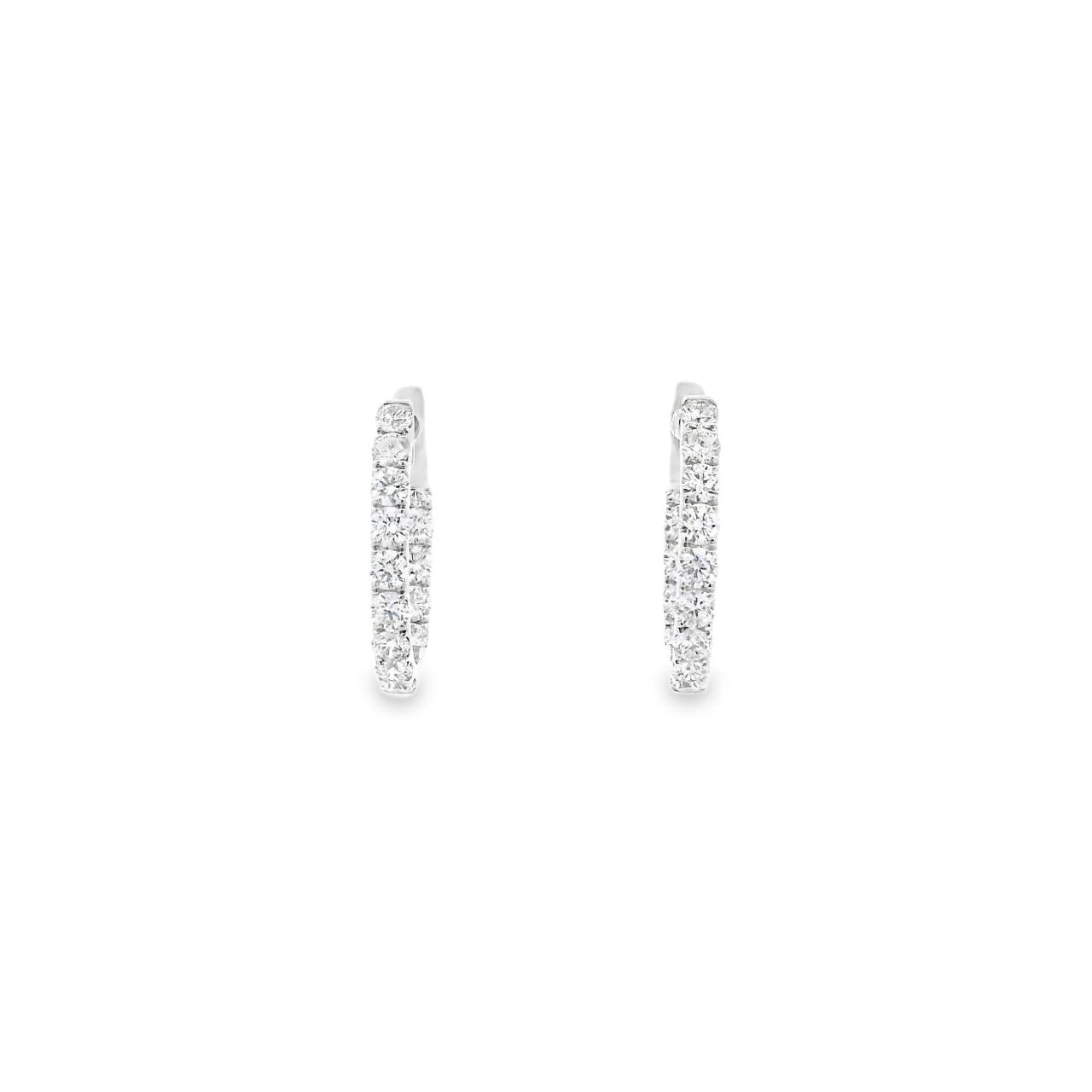 18ct white gold day/night huggie earrings with diamonds claw set down the front and inside back, featuring 30 round brilliant cut diamonds, G–H colour, SI clarity.