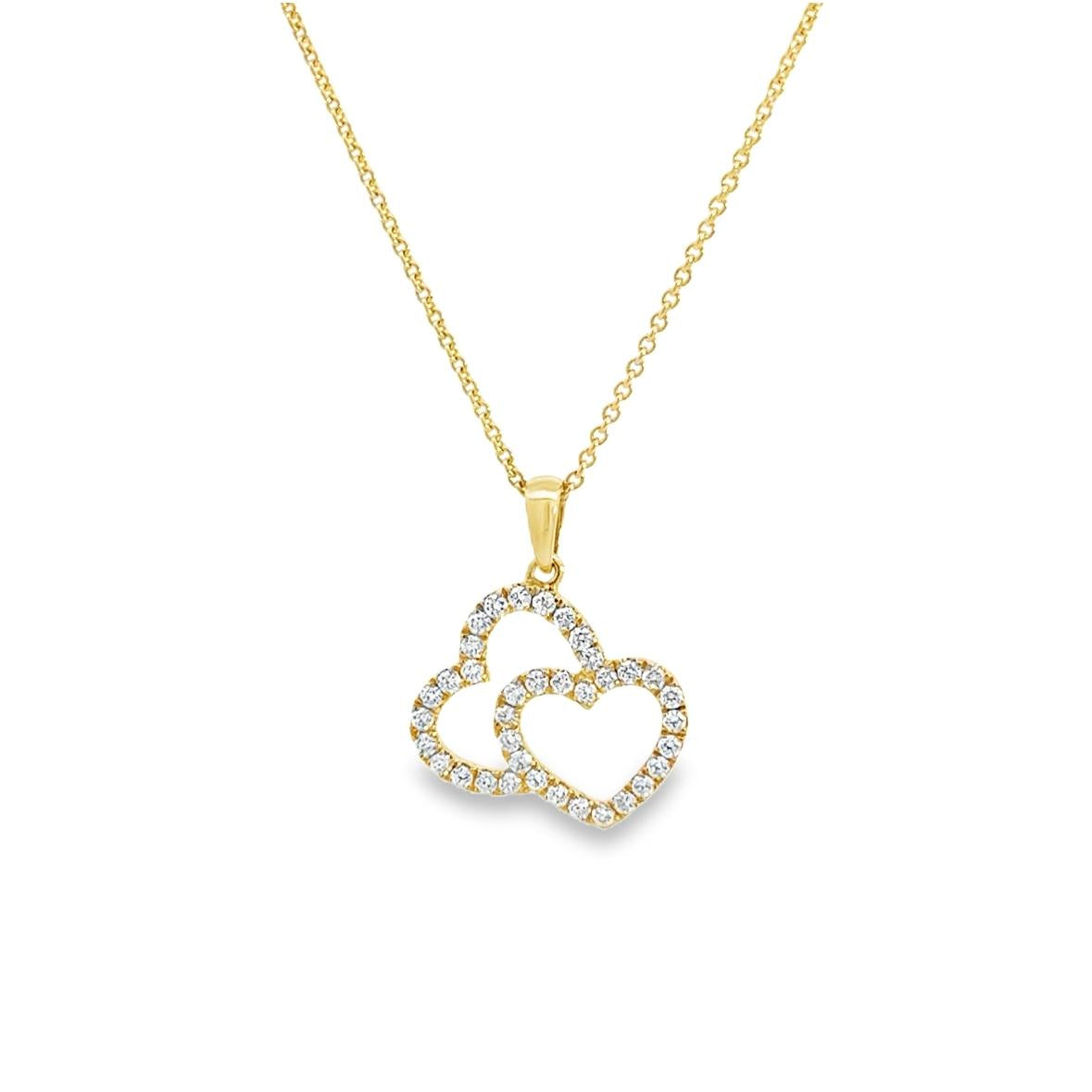 18ct yellow gold pendant featuring two interlocking hearts set with 37 round brilliant cut diamonds and a tapered pendant runner.