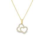 18ct yellow gold pendant featuring two interlocking hearts set with 37 round brilliant cut diamonds and a tapered pendant runner.