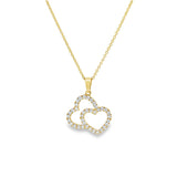 18ct yellow gold pendant featuring two interlocking hearts set with 37 round brilliant cut diamonds and a tapered pendant runner.