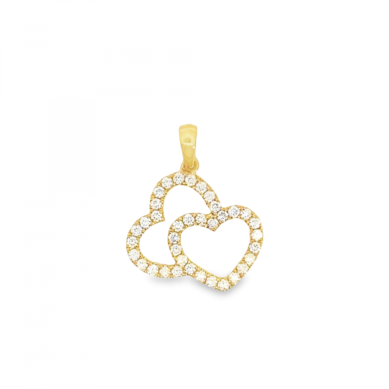 18ct yellow gold pendant featuring two interlocking hearts set with 37 round brilliant cut diamonds and a tapered pendant runner.