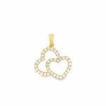 18ct yellow gold pendant featuring two interlocking hearts set with 37 round brilliant cut diamonds and a tapered pendant runner.