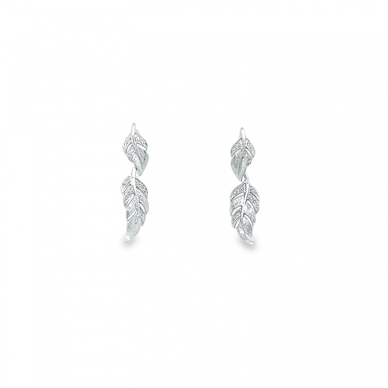 18ct white gold double leaf drop earrings featuring 32 pavé-set round brilliant cut diamonds, G colour SI clarity, with a flowing nature-inspired design.