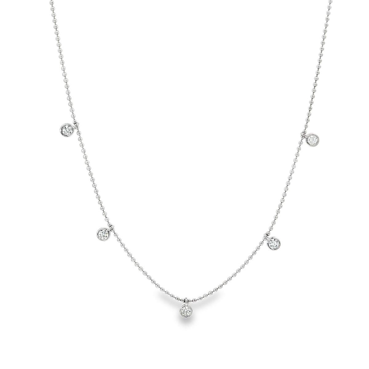 18ct white gold necklace with five bezel set diamond drops on fine chain