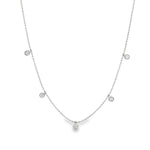 18ct white gold necklace with five bezel set diamond drops on fine chain