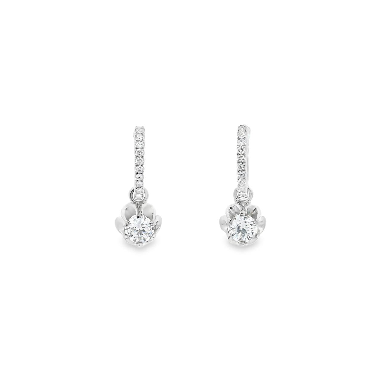 18ct white gold diamond flower drop earrings with claw-set huggie tops and removable scalloped cluster drops, featuring 1.03ct GIA-certified centre diamonds and 0.17ct accent diamonds, F–G colour SI1 clarity.