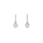 18ct white gold diamond flower drop earrings with claw-set huggie tops and removable scalloped cluster drops, featuring 1.03ct GIA-certified centre diamonds and 0.17ct accent diamonds, F–G colour SI1 clarity.