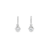 18ct white gold diamond flower drop earrings with claw-set huggie tops and removable scalloped cluster drops, featuring 1.03ct GIA-certified centre diamonds and 0.17ct accent diamonds, F–G colour SI1 clarity.