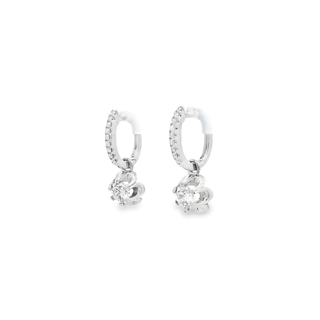 18ct white gold diamond flower drop earrings with claw-set huggie tops and removable scalloped cluster drops, featuring 1.03ct GIA-certified centre diamonds and 0.17ct accent diamonds, F–G colour SI1 clarity.