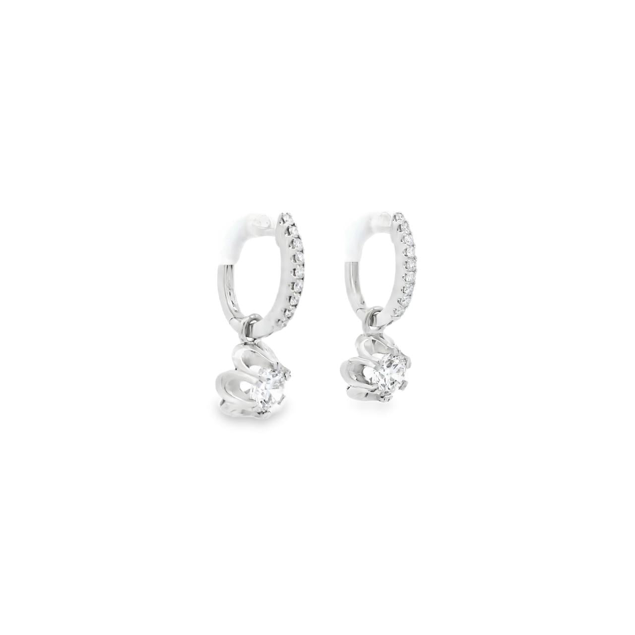 18ct white gold diamond flower drop earrings with claw-set huggie tops and removable scalloped cluster drops, featuring 1.03ct GIA-certified centre diamonds and 0.17ct accent diamonds, F–G colour SI1 clarity.