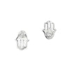 18ct white gold Hamsa hand stud earrings featuring a bezel-set diamond at the centre of each open hand design, symbolising protection and positive energy.
