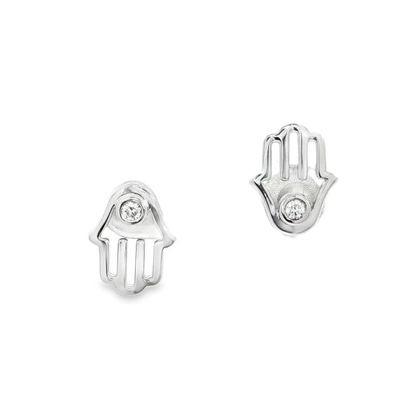 18ct white gold Hamsa hand stud earrings featuring a bezel-set diamond at the centre of each open hand design, symbolising protection and positive energy.