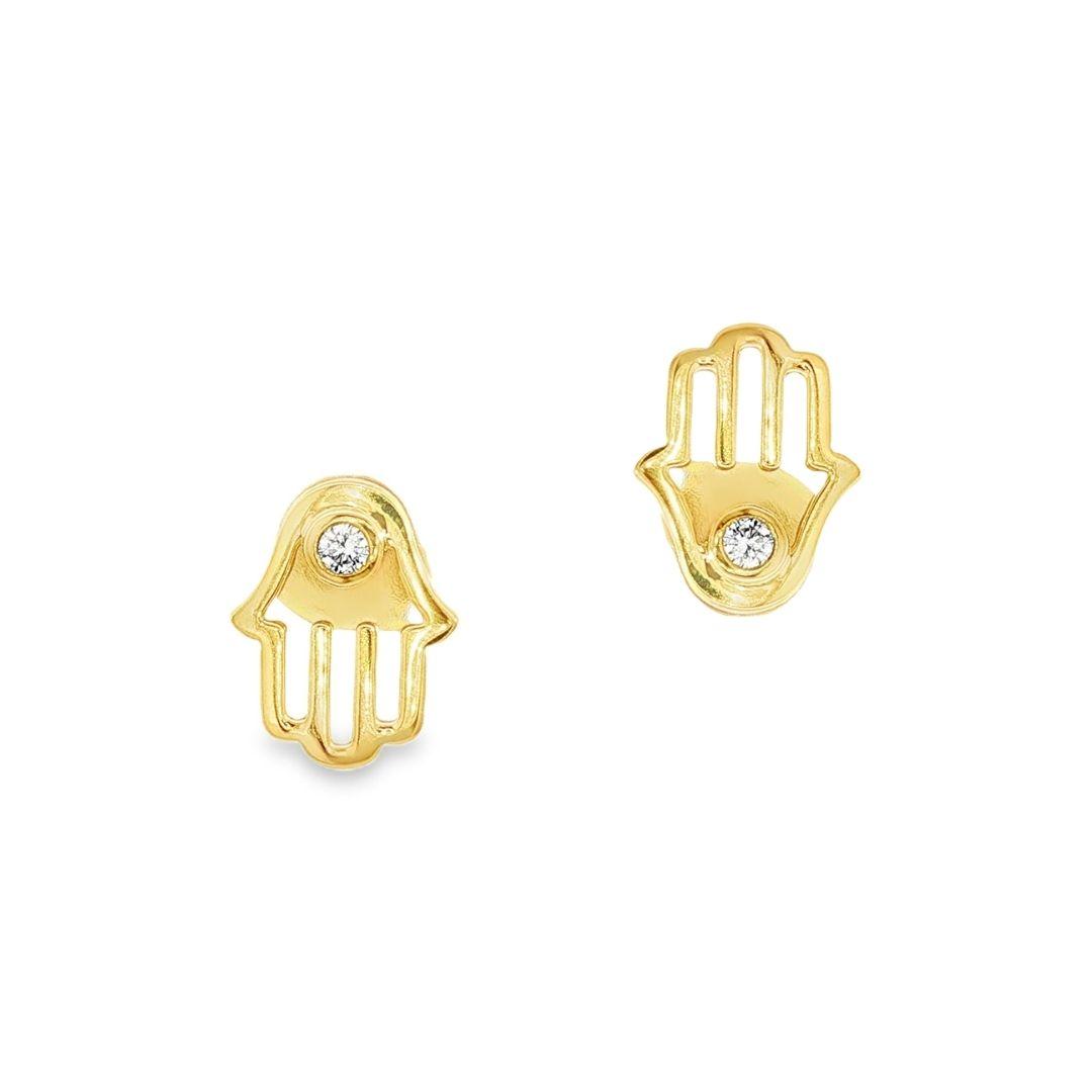 18ct yellow gold Hamsa hand stud earrings featuring an open hand design with bezel-set diamonds symbolising protection and positive energy.